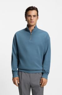 Zip-neck sweatshirt in cotton terry with logo print, Blue
