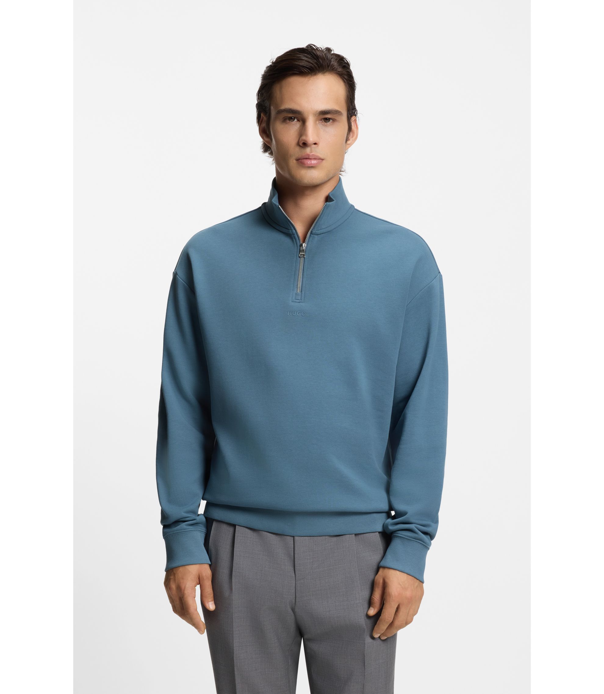 Sweatshirt aus Baumwoll-Terry mit Reißverschluss am Kragen und Logo