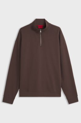 Relaxed-fit cotton sweatshirt with zip neck, Brown