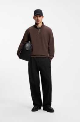 Relaxed-fit cotton sweatshirt with zip neck, Brown