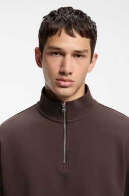 Relaxed-fit cotton sweatshirt with zip neck, Brown