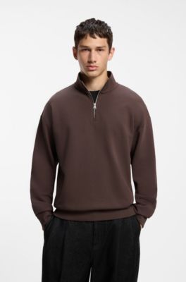 Relaxed-fit cotton sweatshirt with zip neck, Brown