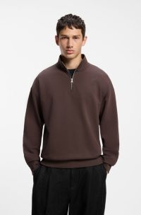Relaxed-fit cotton sweatshirt with zip neck, Brown