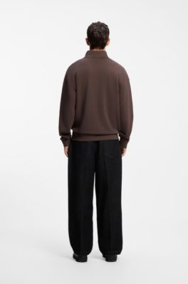 Relaxed-fit cotton sweatshirt with zip neck, Brown