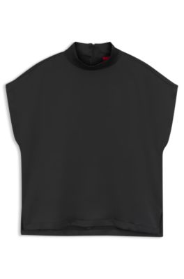 Mock-neck top in fluent satin, Black