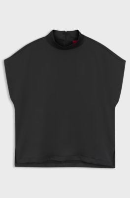 Top aus flie&szlig;endem Satin mit Stehkragen, Schwarz