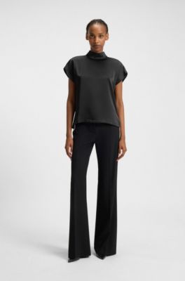 Mock-neck top in fluent satin, Black