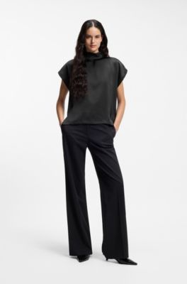 Mock-neck top in fluent satin, Black
