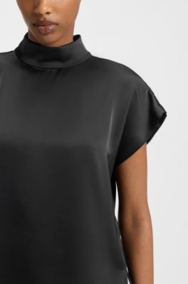 Mock-neck top in fluent satin, Black