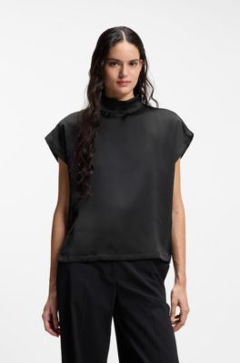 Mock-neck top in fluent satin, Black