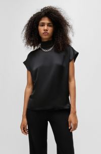 Blusa in satin fluido con collo a lupetto, Nero