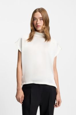 Mock-neck top in fluent satin, White