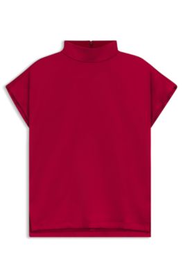 Mock-neck top in fluent satin, Dark Red