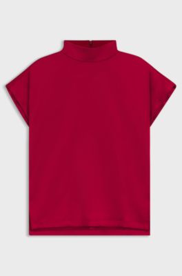 Mock-neck top in fluent satin, Dark Red