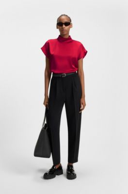 Mock-neck top in fluent satin, Dark Red