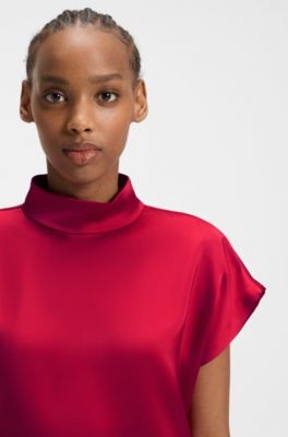 Mock-neck top in fluent satin, Dark Red