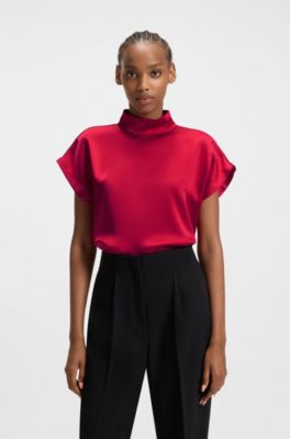 Mock-neck top in fluent satin, Dark Red