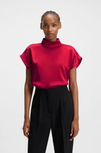 Top de cuello medio en raso fluido, Rojo oscuro
