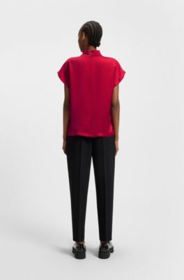 Mock-neck top in fluent satin, Dark Red
