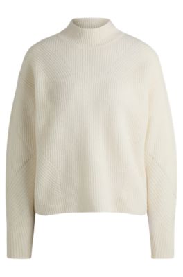 Funnel-neck sweater with ribbed structures, White