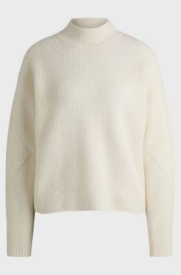 Funnel-neck sweater with ribbed structures, White