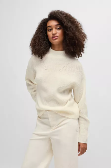 Funnel-neck sweater with ribbed structures