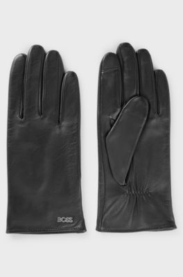 Touchscreen-friendly gloves in leather with logo rivet, Black