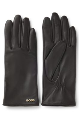 Touchscreen-friendly gloves in leather with logo rivet, Dark Brown