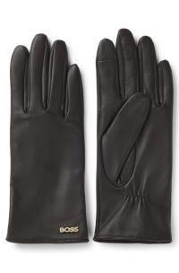 Touchscreen-friendly gloves in leather with logo rivet, Dark Brown