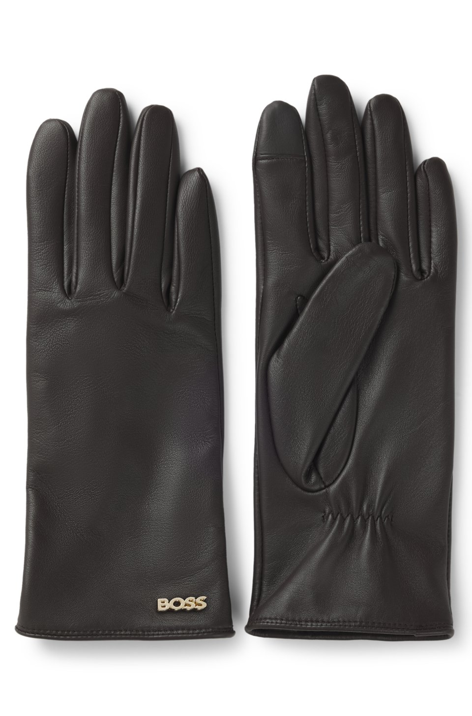 Touchscreen-friendly gloves in leather with logo rivet