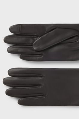 Touchscreen-friendly gloves in leather with logo rivet, Dark Brown
