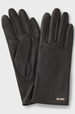 Touchscreen-friendly gloves in leather with logo rivet, Dark Brown