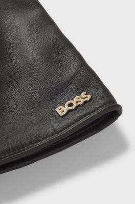 Touchscreen-friendly gloves in leather with logo rivet, Dark Brown