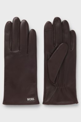 Touchscreen-friendly gloves in leather with logo rivet, Dark Red