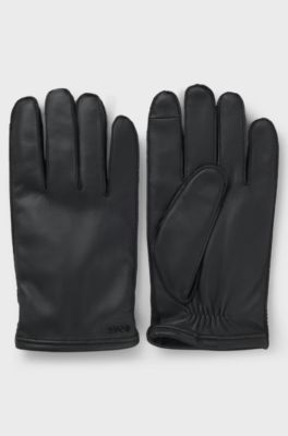 Touch-tech leather gloves with metal logo detail, Black