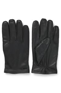 Gants en cuir grainé avec doublure en laine et logo métallique, Noir