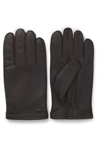 Grained-leather gloves with wool lining and metallic logo, Dark Brown