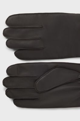 Touch-tech leather gloves with metal logo detail, Dark Brown