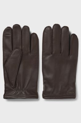 Guanti touchscreen in pelle con dettaglio del logo in metallo, Marrone scuro