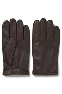 Touchscreenvriendelijke leren handschoenen met metalen logodetail, Donkerbruin
