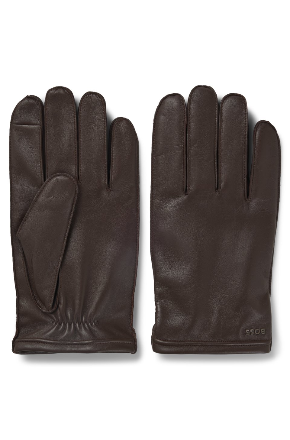 Touch-tech leather gloves with metal logo detail