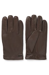 Gants en cuir grainé avec doublure en laine et logo métallique, Marron foncé