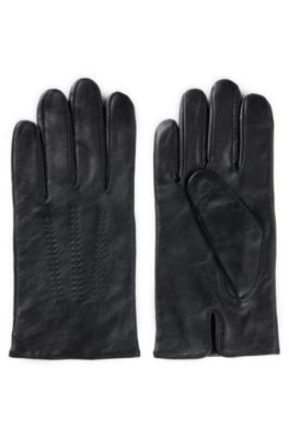 Touchscreen-friendly gloves in leather with metallic logo lettering, Black