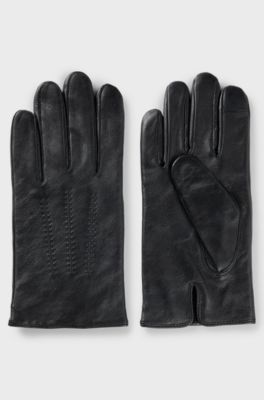 Touchscreen-friendly gloves in leather with metallic logo lettering, Black