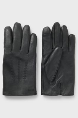 Touchscreen-friendly gloves in leather with metallic logo lettering, Black