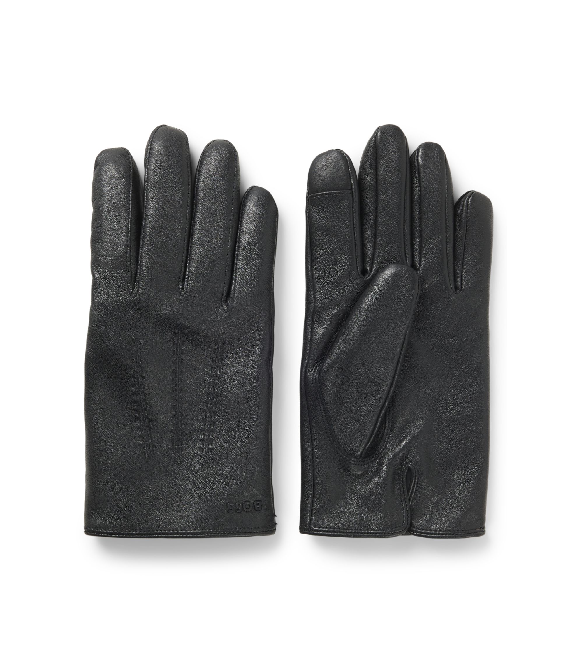 BOSS 黒 レザー手袋 BOSS - Wool-blend lined leather gloves with logo - Black