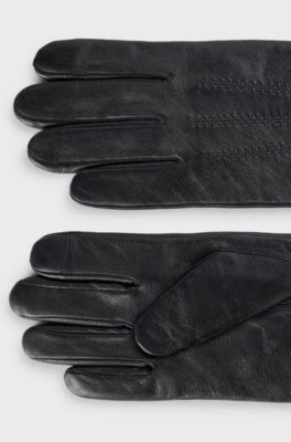 Touchscreen-friendly gloves in leather with metallic logo lettering, Black