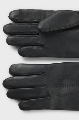 Touchscreen-friendly gloves in leather with metallic logo lettering, Black