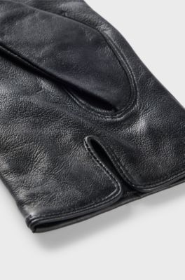 Touchscreen-friendly gloves in leather with metallic logo lettering, Black