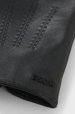 Touchscreen-friendly gloves in leather with metallic logo lettering, Black